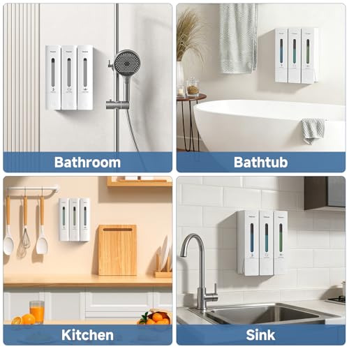 Pobamle Shampoo and Conditioner Dispenser - Shower Soap Dispenser Wall Mounted No Drill - Shampoo Conditioner Body Wash Dispenser 3 Chamber - Easy Install for Bathroom Hotel White 1200ml - Image 3