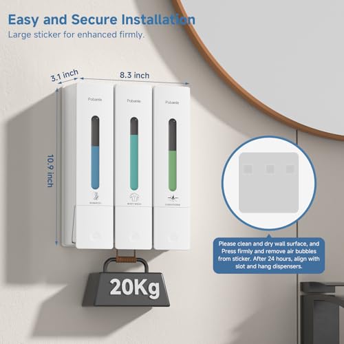 Pobamle Shampoo and Conditioner Dispenser - Shower Soap Dispenser Wall Mounted No Drill - Shampoo Conditioner Body Wash Dispenser 3 Chamber - Easy Install for Bathroom Hotel White 1200ml - Image 5