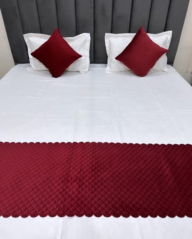 Femfairy Femfairy 200TC Solid Quilted Holland Velvet 1 Bed Runner with Matching 2 Cushion Covers Decorative Set for BedroomsHotel RoomsGuest Rooms Maroon  - Image 1