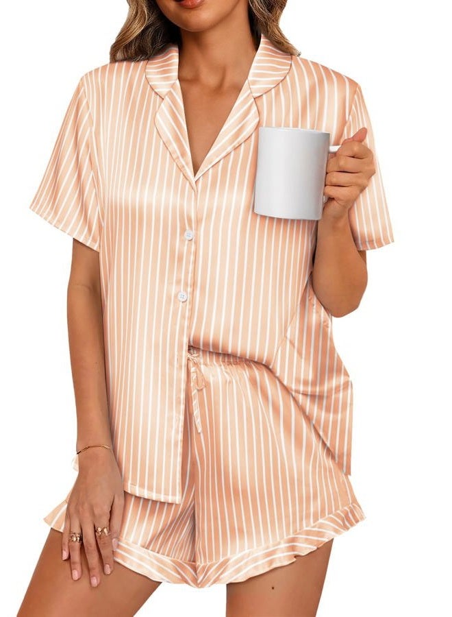 LILLUSORY Graphic Satin Pajamas for Women Set 2 Piece Ruffle Pjs Matching Lounge Party Button Down Sleepwear Silk Nightwear, Stripedchampagne, M - Image 1