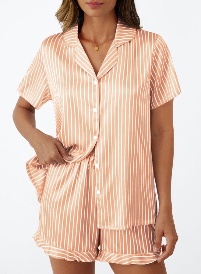 LILLUSORY Graphic Satin Pajamas for Women Set 2 Piece Ruffle Pjs Matching Lounge Party Button Down Sleepwear Silk Nightwear, Stripedchampagne, M - Image 2