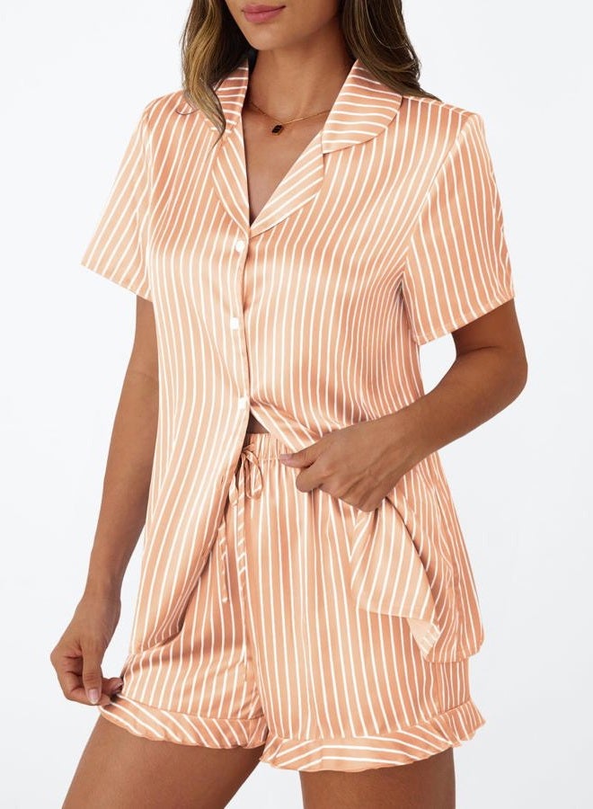 LILLUSORY Graphic Satin Pajamas for Women Set 2 Piece Ruffle Pjs Matching Lounge Party Button Down Sleepwear Silk Nightwear, Stripedchampagne, M - Image 3
