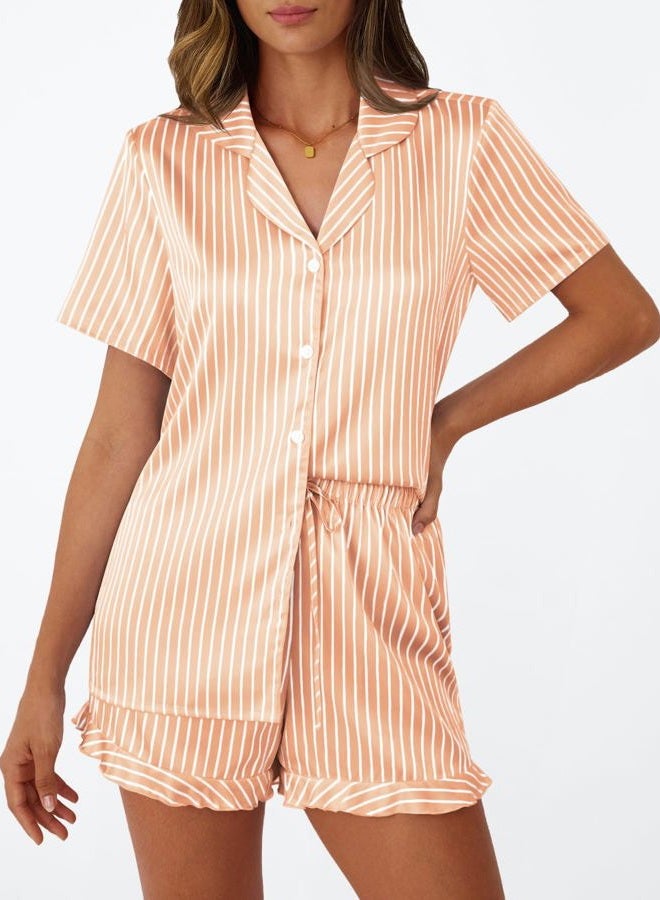 LILLUSORY Graphic Satin Pajamas for Women Set 2 Piece Ruffle Pjs Matching Lounge Party Button Down Sleepwear Silk Nightwear, Stripedchampagne, M - Image 5
