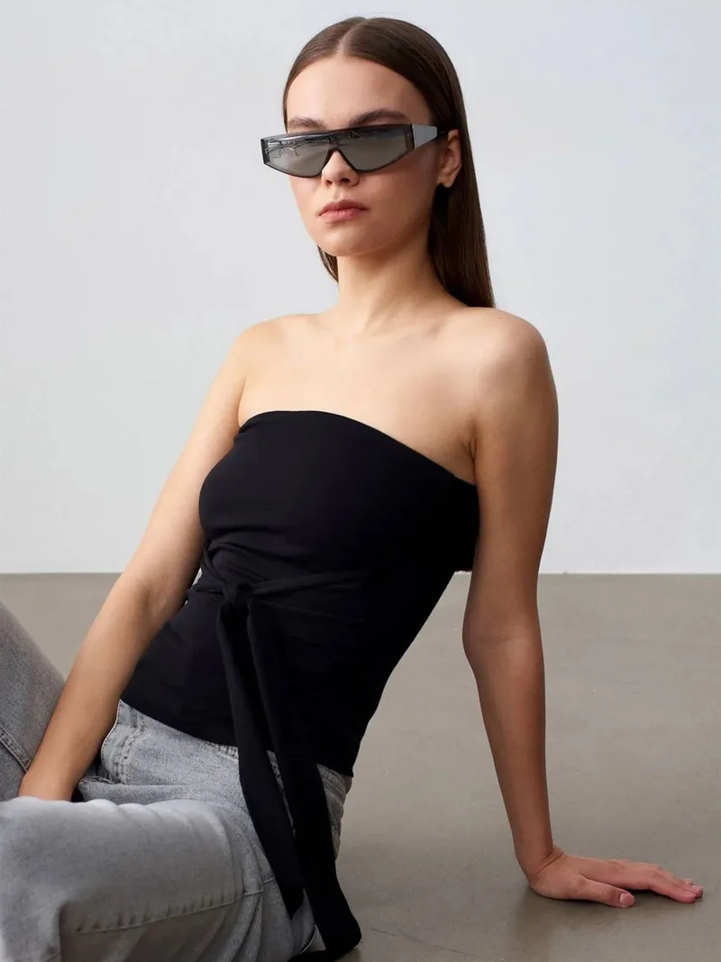ديلفين Dilvin Strapless Slim-Fit Jersey Blouse With Tie Detail