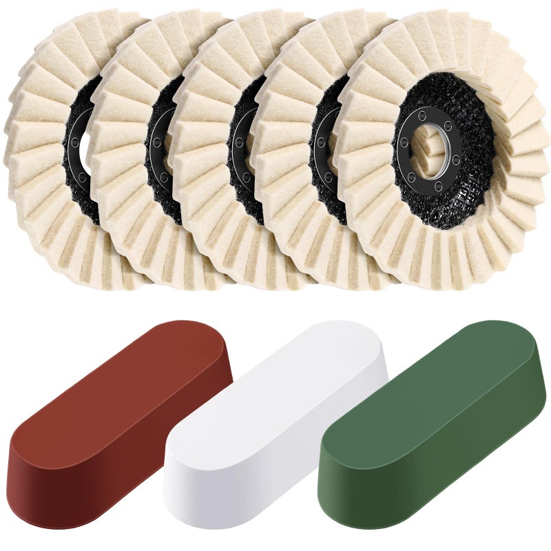 Heigble 8 Pcs Wool Polishing Wheel Disc and Polishing Compounds Set Includes 5 Thicken Arbor Buffing Wheel 3 Buffing Compound 4 1/2 x 7/8 Inch Felt Flap Disc for Angle Grinder, Multi Surface - Image 1
