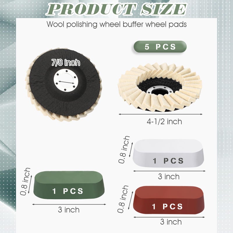 Heigble 8 Pcs Wool Polishing Wheel Disc and Polishing Compounds Set Includes 5 Thicken Arbor Buffing Wheel 3 Buffing Compound 4 1/2 x 7/8 Inch Felt Flap Disc for Angle Grinder, Multi Surface - Image 2