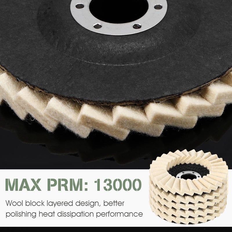 Heigble 8 Pcs Wool Polishing Wheel Disc and Polishing Compounds Set Includes 5 Thicken Arbor Buffing Wheel 3 Buffing Compound 4 1/2 x 7/8 Inch Felt Flap Disc for Angle Grinder, Multi Surface - Image 3