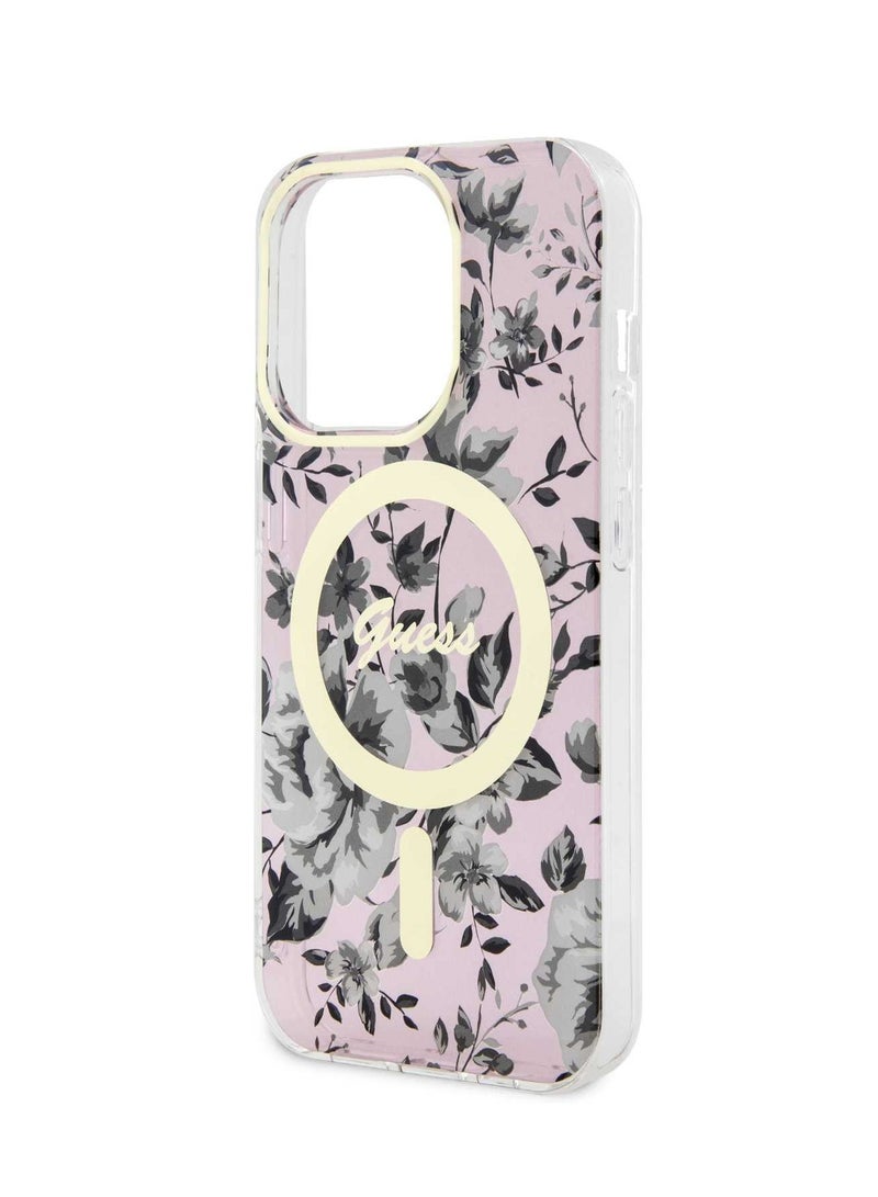 GUESS iPhone 15 Pro Case MagSafe IML Back Cover with Flower Pattern / MagSafe Compatible / Easy Snap-On / Accurate Cutouts / Drop Protection - Pink - Image 2