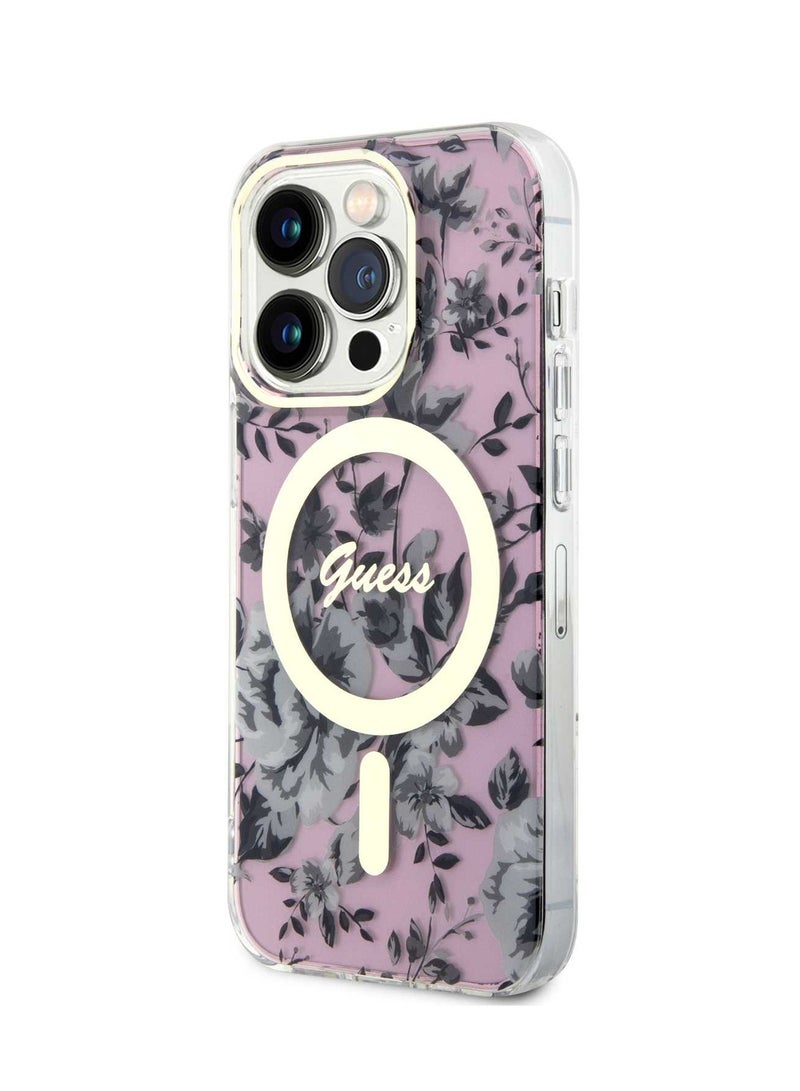 GUESS iPhone 15 Pro Case MagSafe IML Back Cover with Flower Pattern / MagSafe Compatible / Easy Snap-On / Accurate Cutouts / Drop Protection - Pink - Image 5