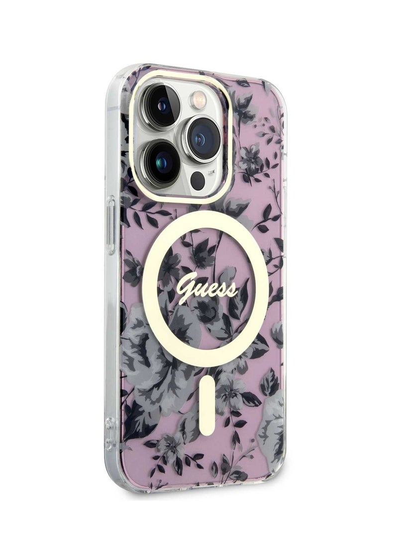 GUESS iPhone 15 Pro Case MagSafe IML Back Cover with Flower Pattern / MagSafe Compatible / Easy Snap-On / Accurate Cutouts / Drop Protection - Pink - Image 3