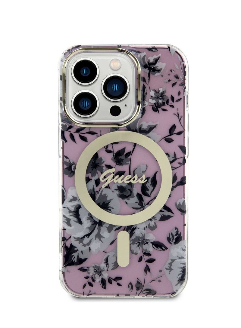 GUESS iPhone 15 Pro Case MagSafe IML Back Cover with Flower Pattern / MagSafe Compatible / Easy Snap-On / Accurate Cutouts / Drop Protection - Pink - Image 1