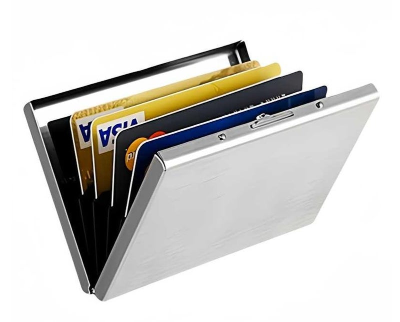 NAPA HIDE Metal Card Holder for Men & Women | RFID Blocking Stainless Steel Visiting & Credit Card Case | Sleek Pocket Wallet with Lock (Metal Finish) (Silver) - Image 2