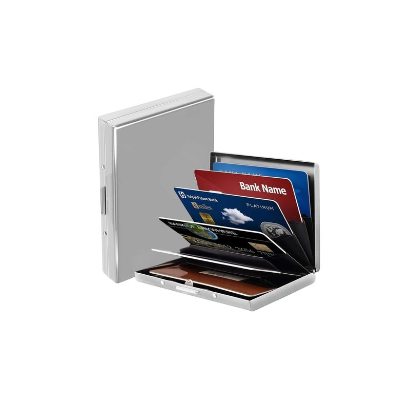 NAPA HIDE Metal Card Holder for Men & Women | RFID Blocking Stainless Steel Visiting & Credit Card Case | Sleek Pocket Wallet with Lock (Metal Finish) (Silver) - Image 5