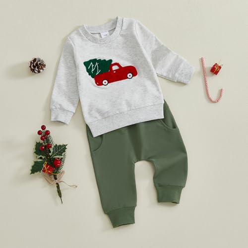 BemeyourBBs Toddler Baby Boy Christmas Outfit Cute Print Long Sleeve Sweatshirt and Pants Set 2 Piece Sweatsuit Winter Clothes (Car and Christmas Tree Grey, 12-18 Months) - Image 4