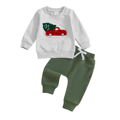 BemeyourBBs Toddler Baby Boy Christmas Outfit Cute Print Long Sleeve Sweatshirt and Pants Set 2 Piece Sweatsuit Winter Clothes (Car and Christmas Tree Grey, 12-18 Months) - Image 1