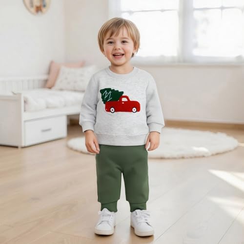 BemeyourBBs Toddler Baby Boy Christmas Outfit Cute Print Long Sleeve Sweatshirt and Pants Set 2 Piece Sweatsuit Winter Clothes (Car and Christmas Tree Grey, 12-18 Months) - Image 3
