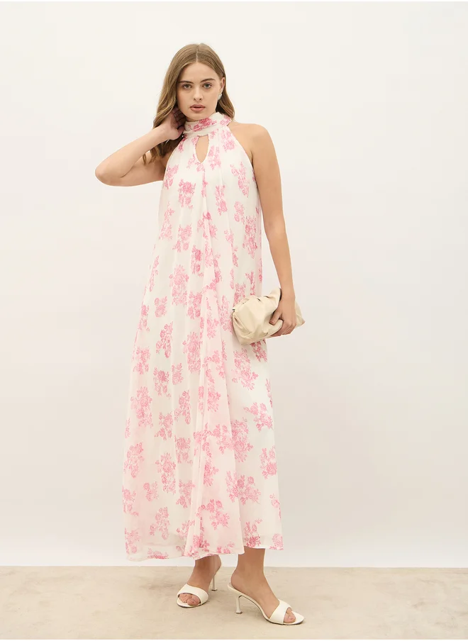 ستايلي Styli All-Over Floral Print Halter Neck A-Line Maxi Dress