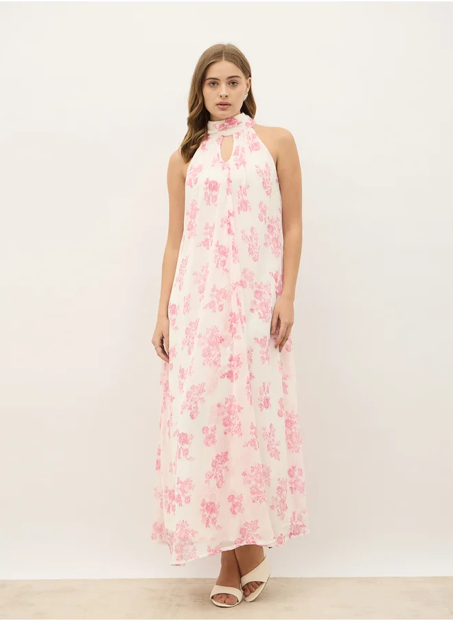 ستايلي Styli All-Over Floral Print Halter Neck A-Line Maxi Dress
