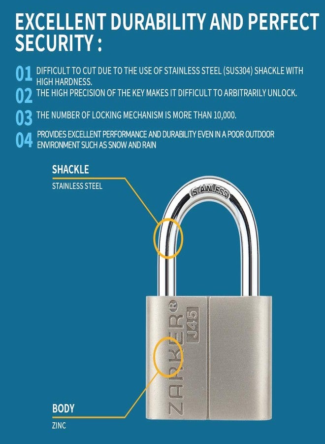Zarker J45 keyed Padlock, Heavy Duty Stainless Steel Shackle Lock, Waterproof and Rustproof Storage, Warehouses, Garage, Outdoors, 1-Pack - Image 3