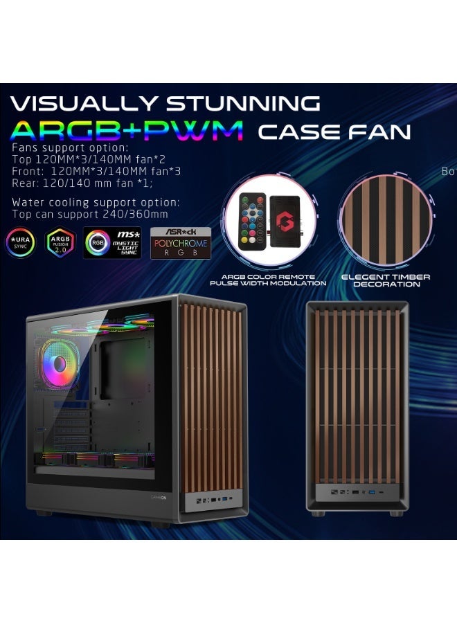 GAMEON ARGB Mid Tower Gaming Case – 7x 120mm ARGB Fans, High Airflow, Tempered Glass, PWM Control, ATX/M-ATX/ITX, USB Type-C, 420mm GPU Support – Midnight Series TIMBERI Wood/Black - Image 3