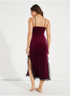 Styli Velvet Lace Trim Side Slit Slip Dress  - Image 4