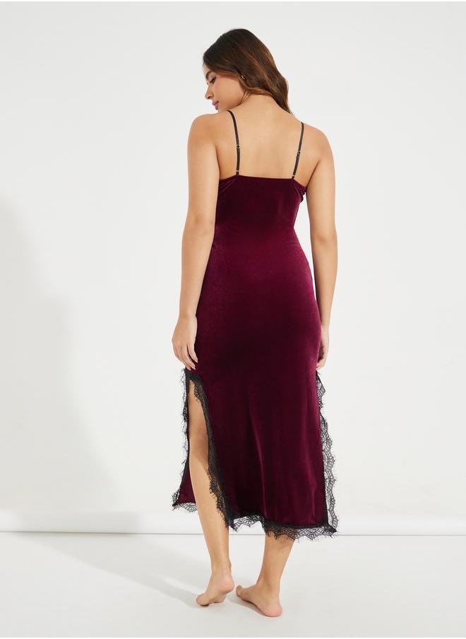 Styli Velvet Lace Trim Side Slit Slip Dress  - Image 4