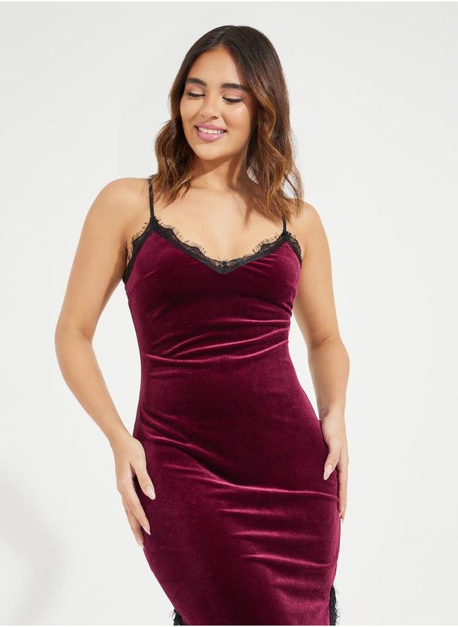Styli Velvet Lace Trim Side Slit Slip Dress  - Image 2