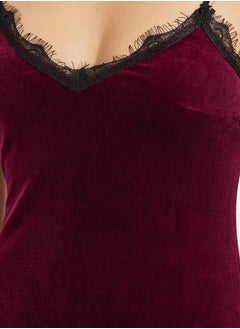 Styli Velvet Lace Trim Side Slit Slip Dress  - Image 3