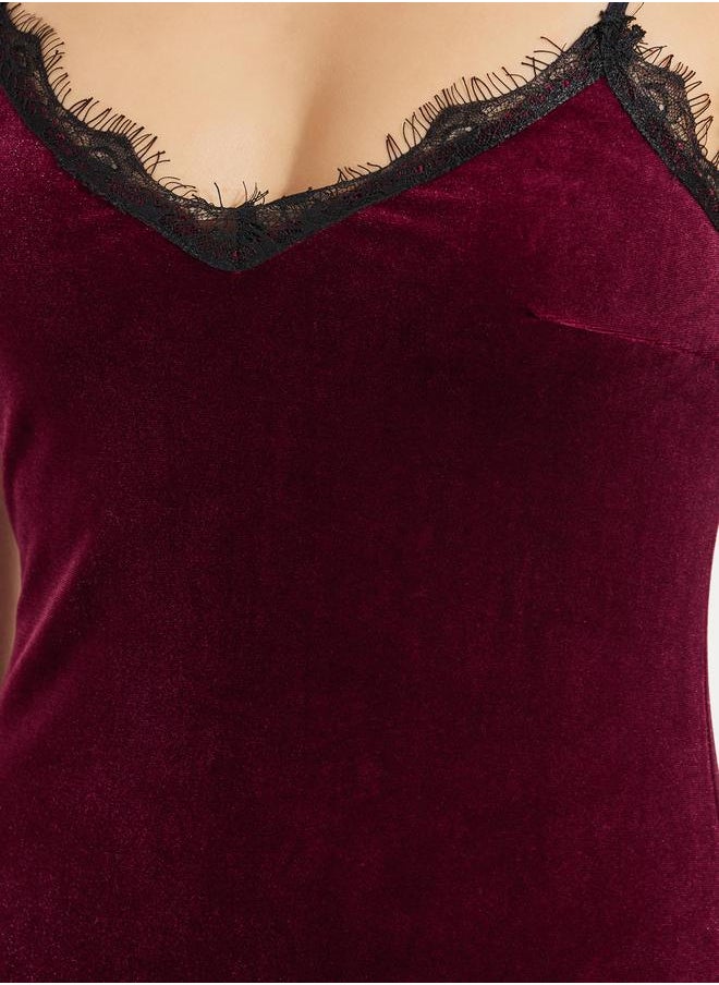Styli Velvet Lace Trim Side Slit Slip Dress  - Image 3