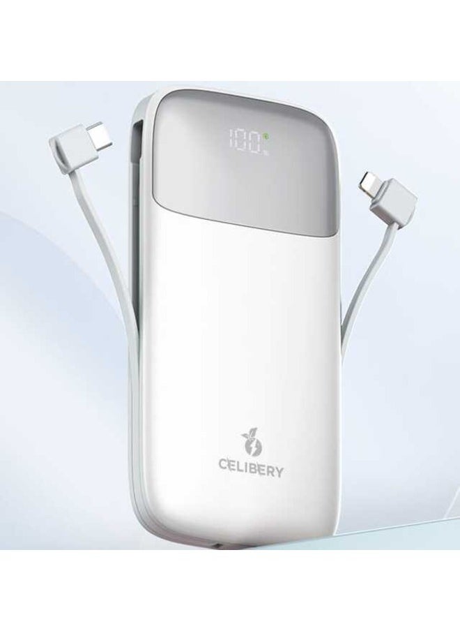 10000 mAh  Power Bank, 22.5W Max Fast Portable Charger with Built-In USB-C and Lightning Cables iPhone 15/14 Series, MacBook, Galaxy and More, White