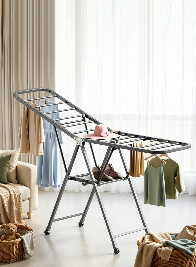 CUBEXELL 2-Shelves Galvanised Steel Laundry Rack, Folding Clothes Drying Rack Floor Standing Wing-Type Design, Anti-Slip Feet with Hidden Wheels,170x160x47 cm - Image 1