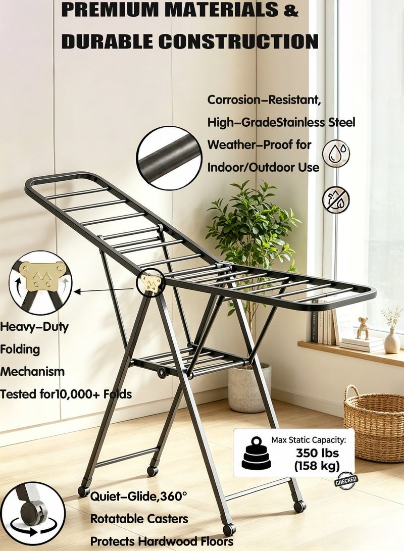 CUBEXELL 2-Shelves Galvanised Steel Laundry Rack, Folding Clothes Drying Rack Floor Standing Wing-Type Design, Anti-Slip Feet with Hidden Wheels,170x160x47 cm - Image 2