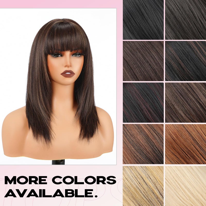 topshe Brown Highlight Wig with Bangs Layered Straight Wigs for Women Heat Resistant Synthetic Wig Shoulder Length Hair Natural Looking for Daily or Party Use 16 Inch - Image 4