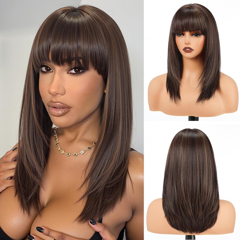 topshe Brown Highlight Wig with Bangs Layered Straight Wigs for Women Heat Resistant Synthetic Wig Shoulder Length Hair Natural Looking for Daily or Party Use 16 Inch - Image 1