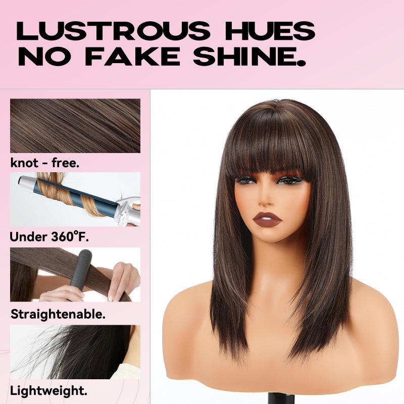 topshe Brown Highlight Wig with Bangs Layered Straight Wigs for Women Heat Resistant Synthetic Wig Shoulder Length Hair Natural Looking for Daily or Party Use 16 Inch - Image 3