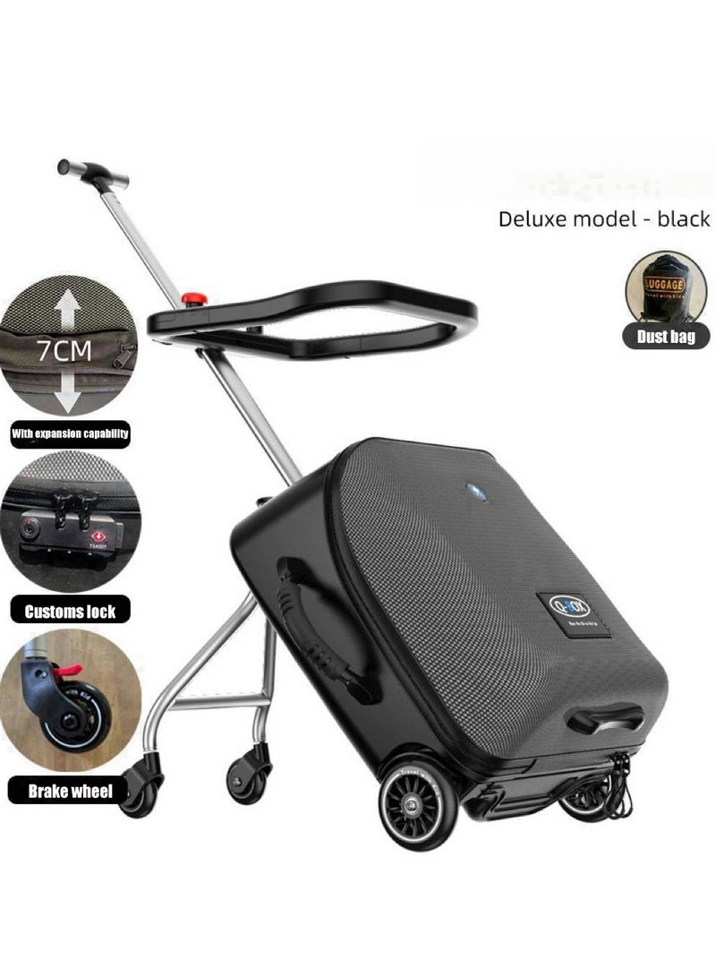 3-في-1 للأطفال حقائب الأطفال عربة حالة حقيبة السفر للأطفال يحملون على حقائب الصلبة المتداولة حقيبة مع تصميم مقعد الطفل وعجلات الدوار ، حقائب السفر القابلة للفصل عربة (أسود 20 بوصة) - Image 1