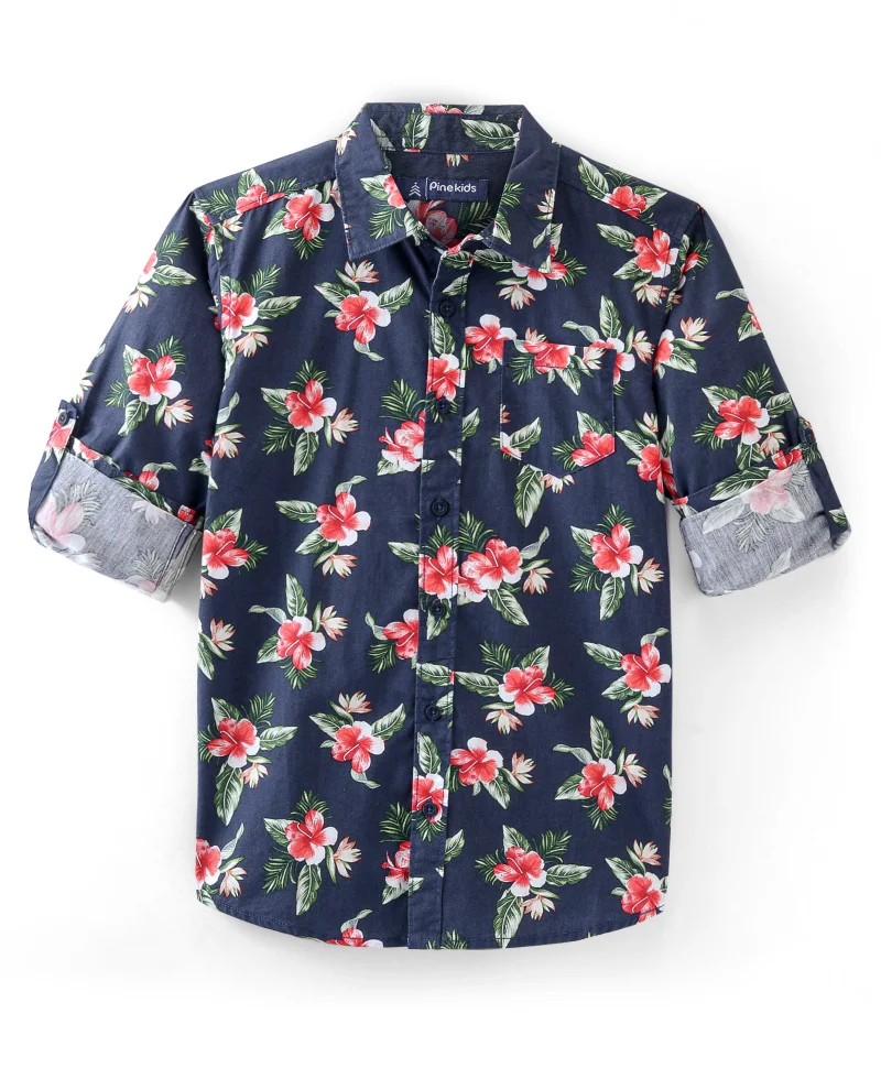 Pine Kids Pine Kids 100% Cotton Full Sleeves Floral Printed Shirt - Blue