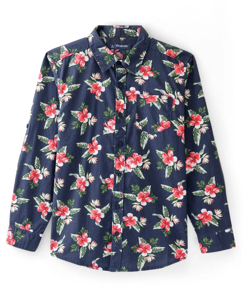 Pine Kids Pine Kids 100% Cotton Full Sleeves Floral Printed Shirt - Blue