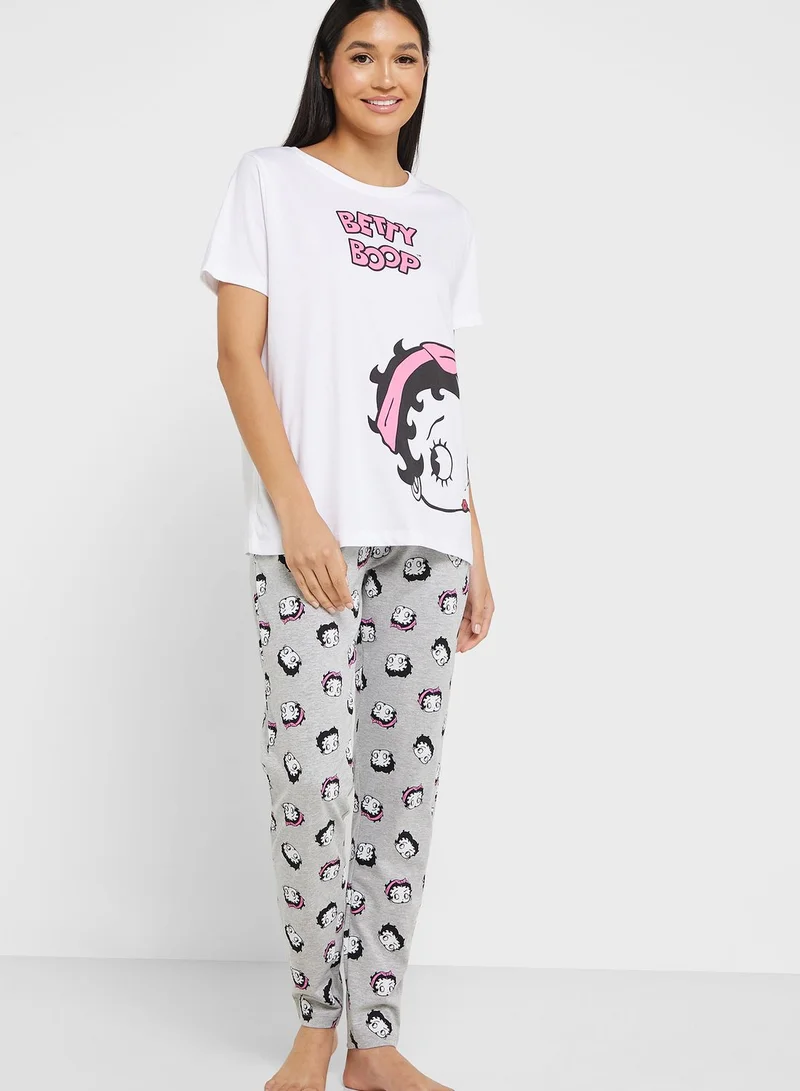 BETTY BOOP Crew Neck Graphic T-Shirt & Pyjama Set
