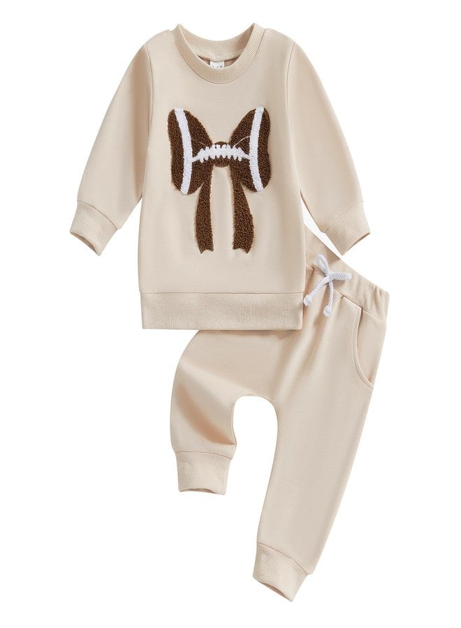 Karuedoo Toddler Baby Girl Football Clothes Football Bow Embroidery Long Sleeve Sweatshirt Top Pants Set 2Pcs Fall Outfits (Apricot, 0-6 Months) - Image 1
