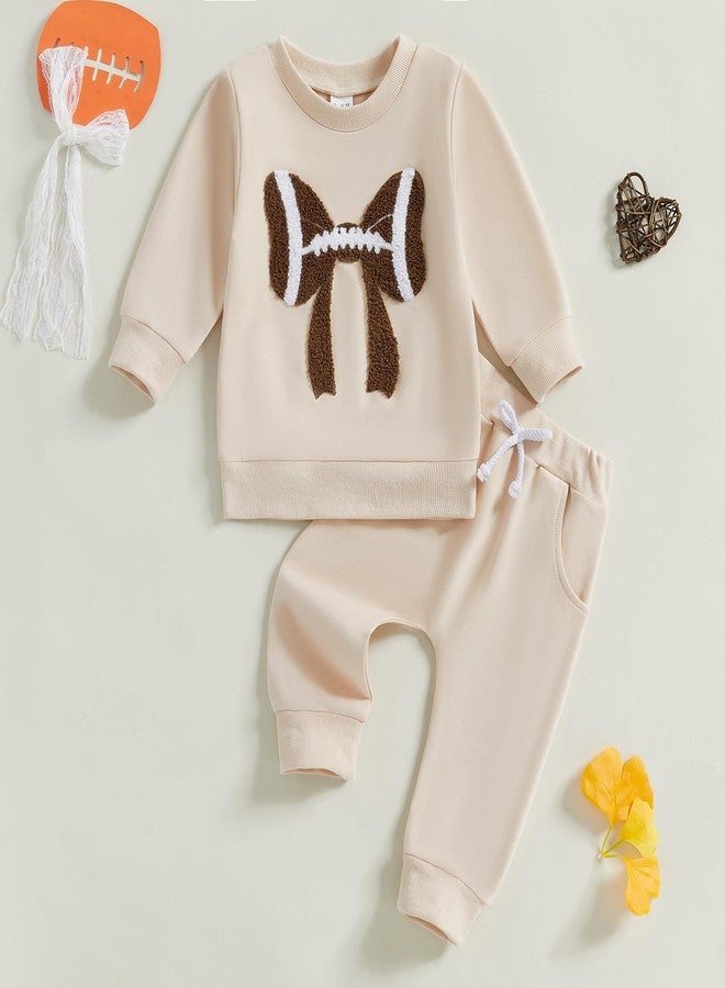 Karuedoo Toddler Baby Girl Football Clothes Football Bow Embroidery Long Sleeve Sweatshirt Top Pants Set 2Pcs Fall Outfits (Apricot, 0-6 Months) - Image 2
