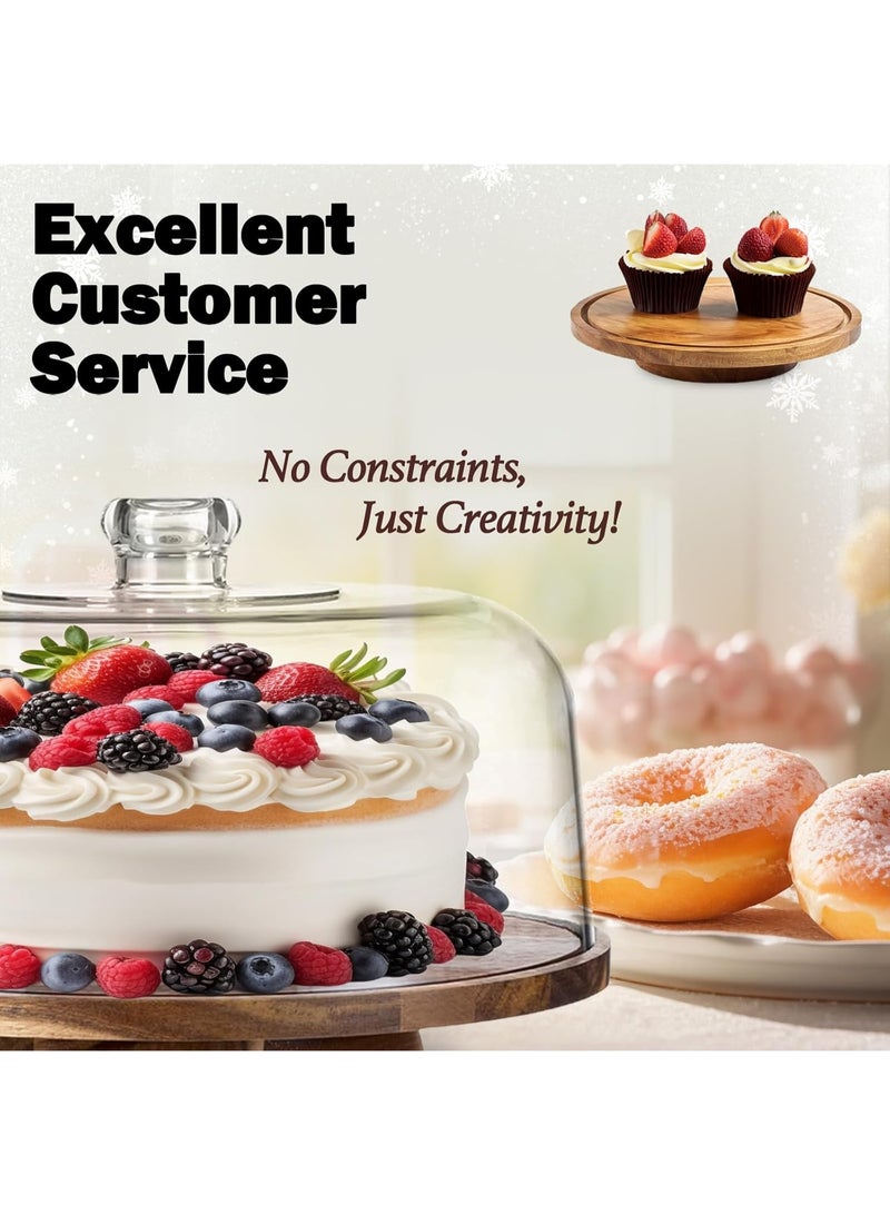 Bukela 10" Rotating Cake Stand with Acrylic Dome Lid - 360 Degree Acacia Wood Spinning Cake Turntable for Decorating and Serving, Durable Shatterproof Cover, Elegant Display Platter - Image 5
