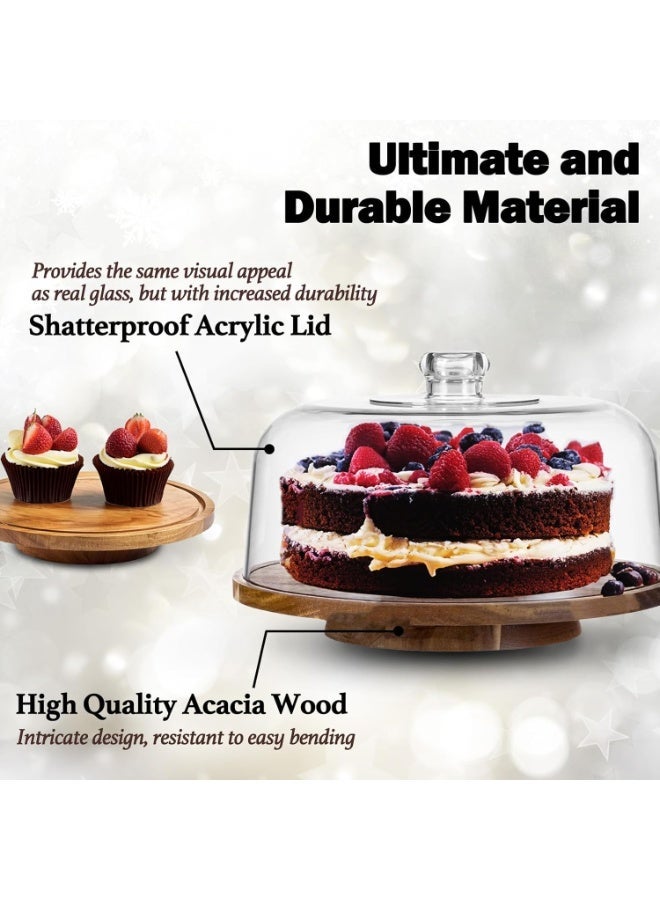 Bukela 10" Rotating Cake Stand with Acrylic Dome Lid - 360 Degree Acacia Wood Spinning Cake Turntable for Decorating and Serving, Durable Shatterproof Cover, Elegant Display Platter - Image 2