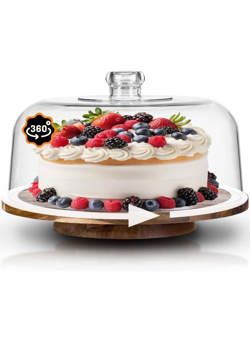 Bukela 10" Rotating Cake Stand with Acrylic Dome Lid - 360 Degree Acacia Wood Spinning Cake Turntable for Decorating and Serving, Durable Shatterproof Cover, Elegant Display Platter - Image 1