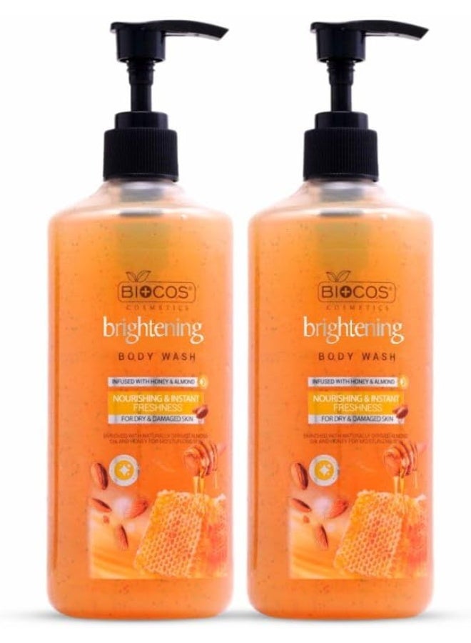 بيوكوس مستحضرات التجميل BIOCOS Brightening Body Wash Shower Gel (Pack of 2) – Hydrating Honey & Sweet Almond with Glycerin & Hyaluronic Acid – Deep Moisture for Dry Skin – 500ml - Image 1