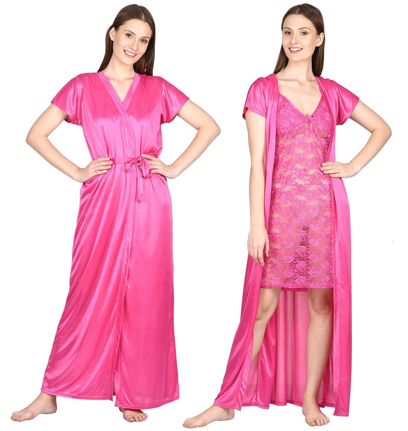 Noty Store Noty Women Satin Maxi - 2 Pc ' Hot Night Robe and Night Slip (Rosy Pink, Free Size) - Image 1