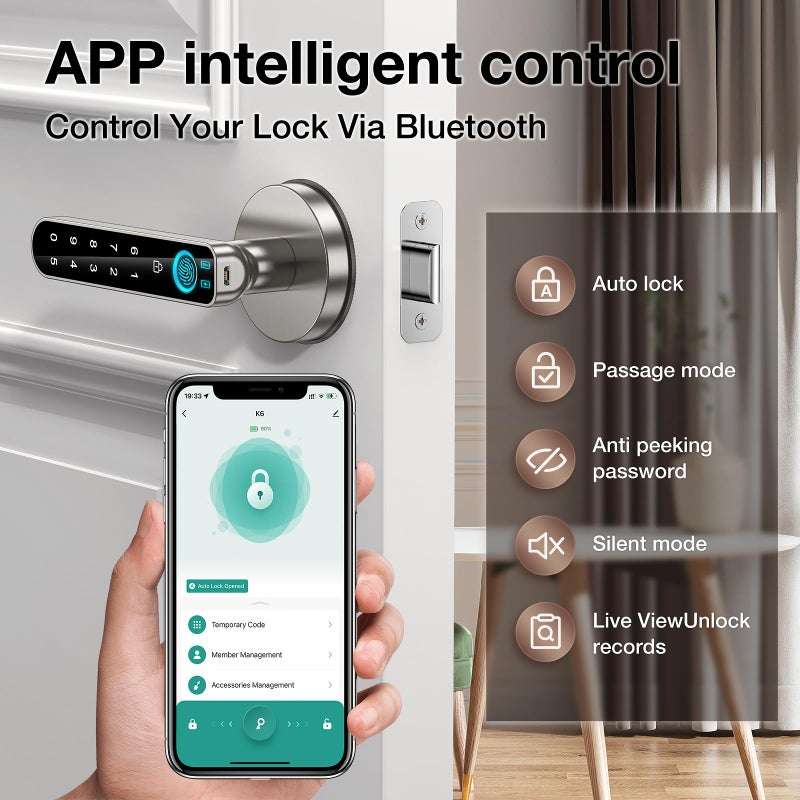 OFFTV Fingerprint Door Lock-biometric Door Lock-Smart Door knob-with passcode keypad keyless Entry Door Handle,for Bedroom Home Hotel Office - Image 3