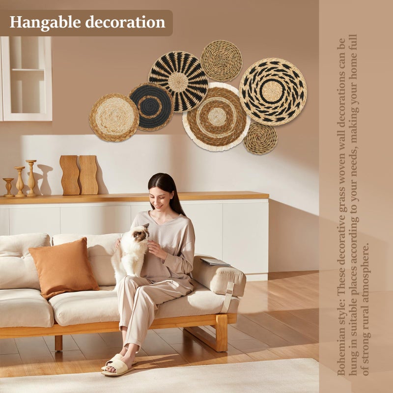 LEEZDTTXAN 7 Pieces Bohemian Round Wall Baskets Wicker Rattan Wicker Wall Decor for Bedroom, Living Room (Style B) - Image 2