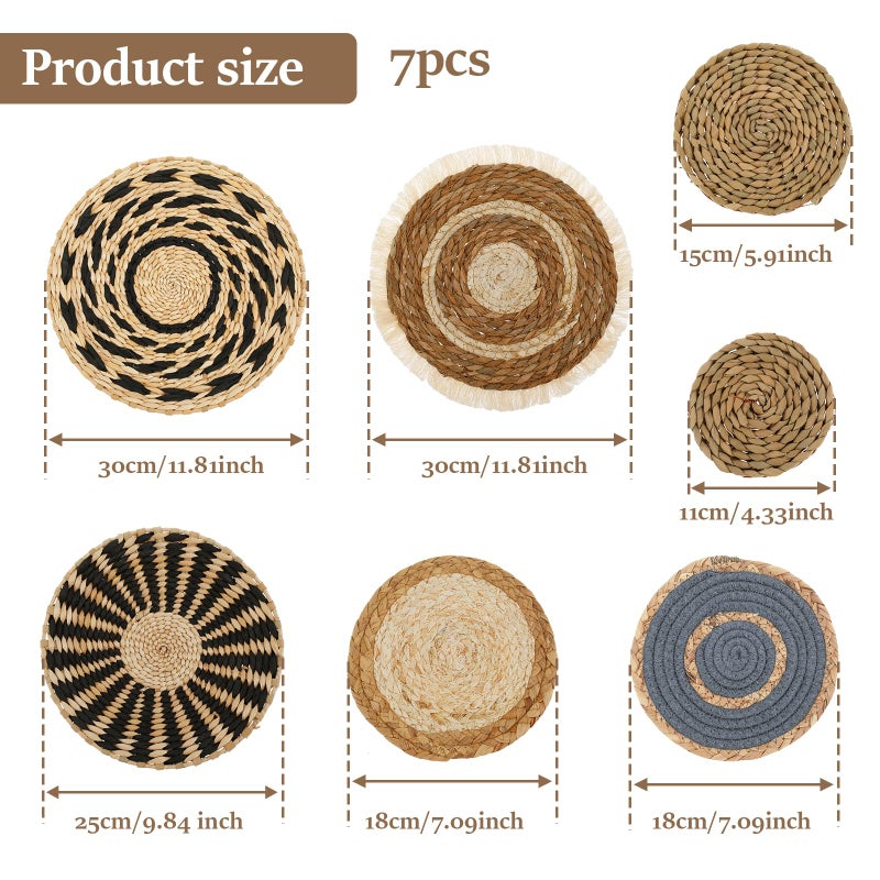 LEEZDTTXAN 7 Pieces Bohemian Round Wall Baskets Wicker Rattan Wicker Wall Decor for Bedroom, Living Room (Style B) - Image 3