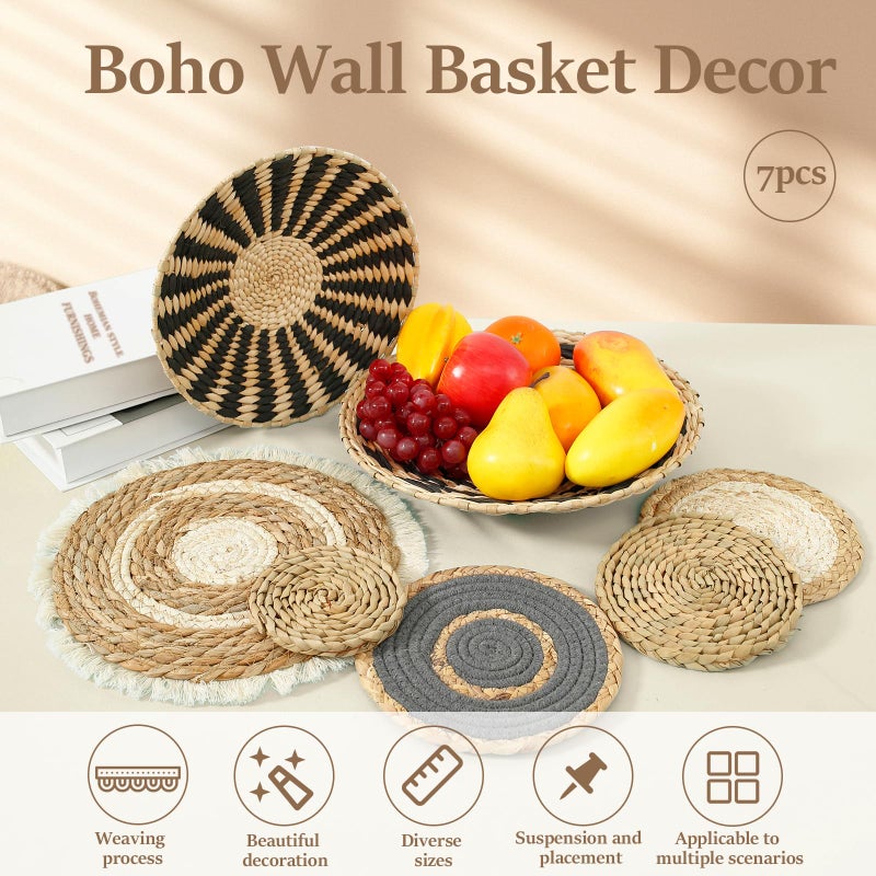 LEEZDTTXAN 7 Pieces Bohemian Round Wall Baskets Wicker Rattan Wicker Wall Decor for Bedroom, Living Room (Style B) - Image 4